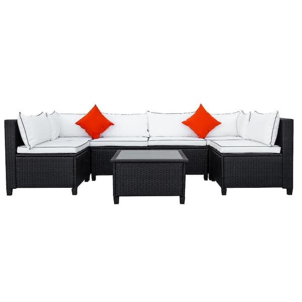 FORCLOVER 7-Piece Wicker Outdoor Sectional Set with Beige Cushions
