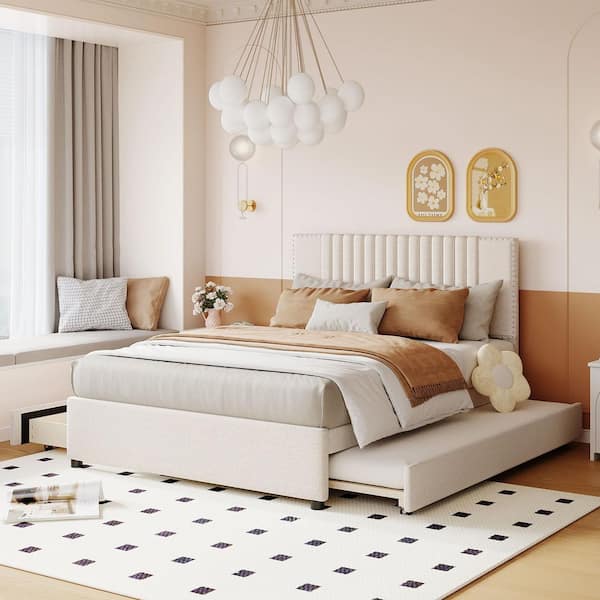 Beige Wood Frame Full Size Platform Bed with (2-Drawers) and 1 Twin Size Trundle
