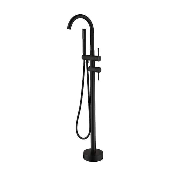 Aca Single Handle Freestanding Floor-Mount Tub Filler with Hand Shower in Matte Black