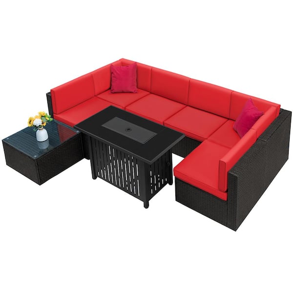 8-Piece Patio Conversation Set with 50,000 BTU Propane Fire Pit Table, Wicker Seating Set with Red Cushions