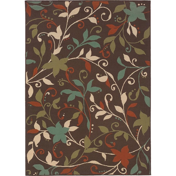 Floral Brown/Green 5 ft. x 8 ft. Floral Indoor/Outdoor Patio Area Rug