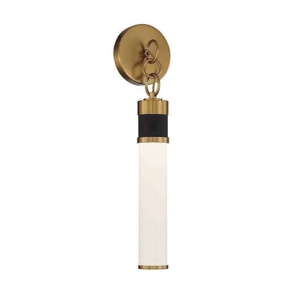 Abel 5 in. W x 19.5 in. H 1-Light Matte Black with Warm Brass Accents LED Wall Sconce with White Opal Glass Shade