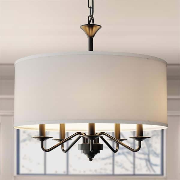 20 in. 5-Light Black Empire Chandelier with Fabric Shades for Dining Room and Living Room