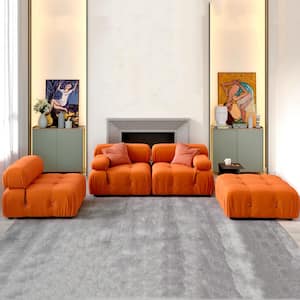 113.4 in. Free Combination Minimalist L Shape Sofa 4-Wide Seats Tufted Teddy Velvet Sectional Couch with Ottoman, Orange