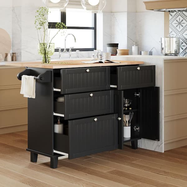 50.3 in. W 3-Piece Farmhouse Black Wood Top Kitchen Island Set Seats 2