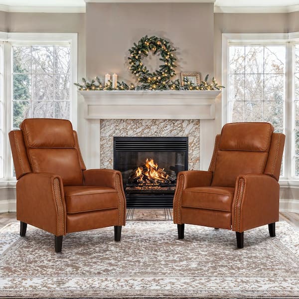 Valkyrie Camel Genuine Leather Recliner Chair Arm Chair with Nailhead Handrails and Adjustable Footrest (Set of 2)