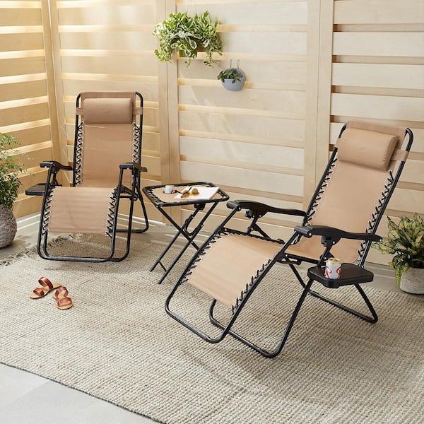 Unbranded Adjustable Zero Gravity Folding Outdoor Lounge Chair with Side Table in Beige Set of 2