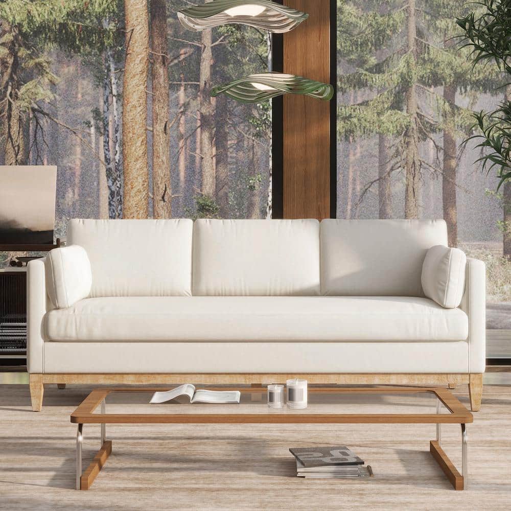 Knox 84" French Beige Velvet Lawson Sofa with Wood Base