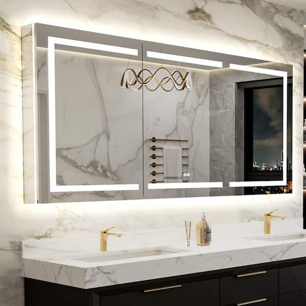 72 in. W x 36 in. H Rectangular Silver Aluminum Recessed/Surface Mount LED Medicine Cabinet with Mirror, GFCI Power-Off