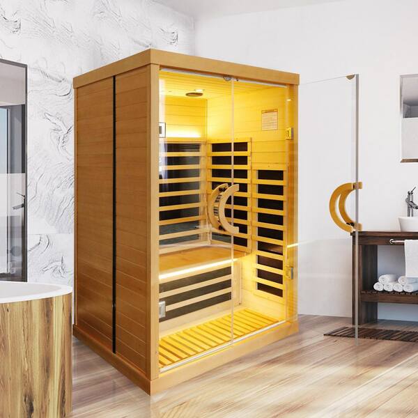 Aoibox - 2-Person Occupancy Indoor Hemlock Wood Far Infrared Double Glass Family Sauna Room with Dual Audio Bluetooth, Graphene