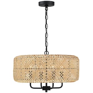 Bungalo 19.7 in. 4-Light Black/Wheat Bohemian Drum Chandelier with Natural Bamboo Shade