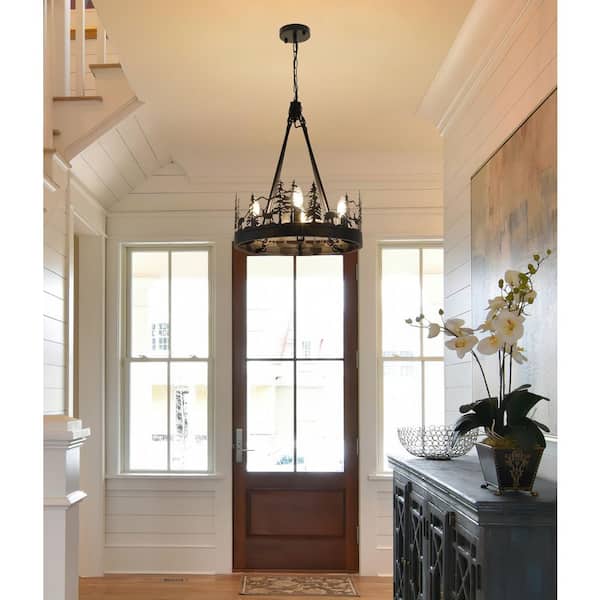 4-Light Black Ambient Rustic Chandelier Wagon Wheel Farmhouse Chandelier for Dining Living Room Foyer