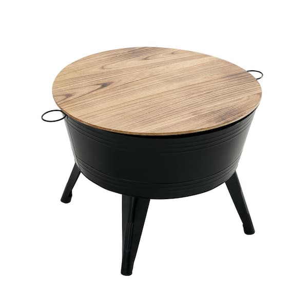 Huluwat 24 in. Black Farmhouse Metal Storage Accent Table Round Wood