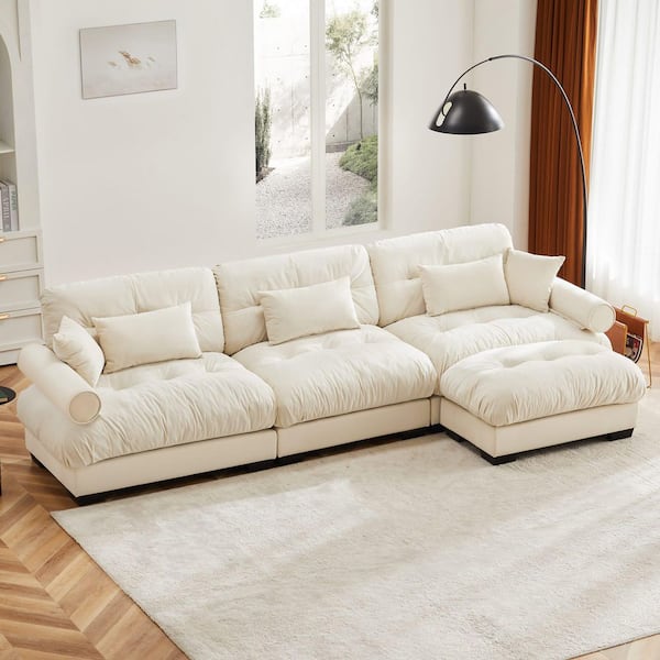 Dalton 93.7 in. Velvet Upholstered L Shape Sectional Sofa in. Beige with Ottoman, Blostered Armrests, Pillows, Cream