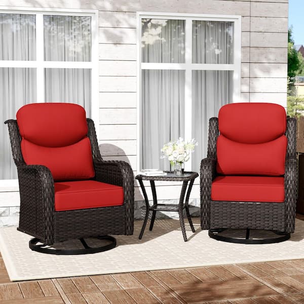 3-Piece Brown Wicker Patio Swivel Outdoor Rocking Chair Set with Red Cushions and Side Table