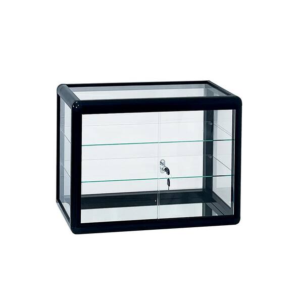 Unbranded Modern 24 in. W x 18 in. H Black Glass Standard Aluminum Framing with Sliding Glass Door and Lock-Display Cabinet