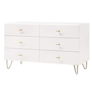 21 in. White and Gold 6-Drawer Wooden Dresser Without Mirror