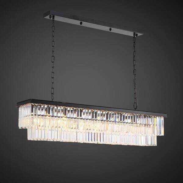 RICHARDERY 48 in. Farmhouse 8-Light Black Crystal Chandelier Rectangle Kitchen Island Pendant Lighting for Dining Room