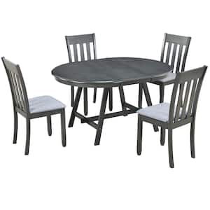 Gray 5 Pieces Solid Wood Round Extendable Dining Table Set with 4 Dining Chairs for 4