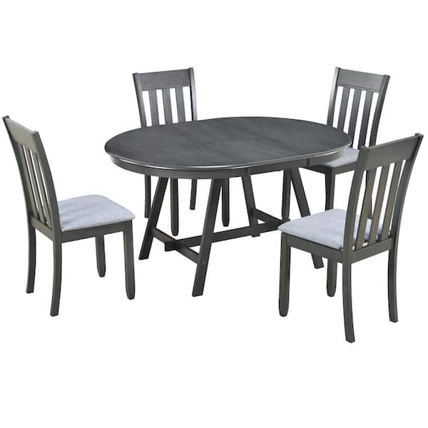 Polibi Gray 5 Pieces Solid Wood Round Extendable Dining Table Set with 4 Dining Chairs for 4
