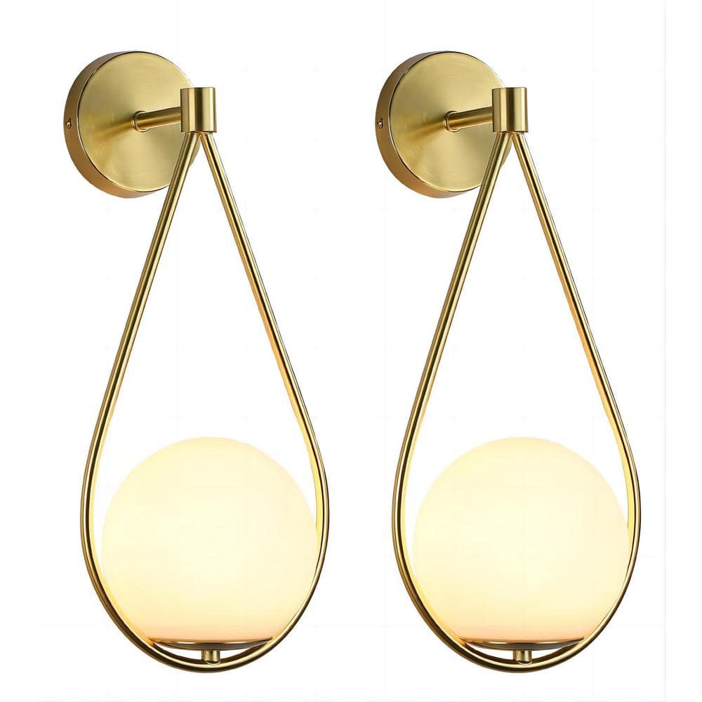 7.87 in. 1-Light Brass Gold Modern Wall Sconce with Milky Glass Shade (2-Pa