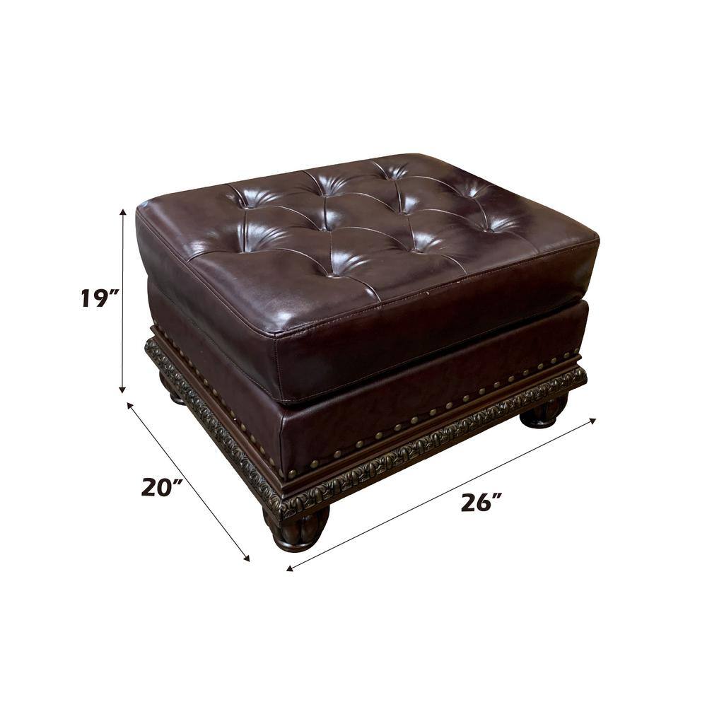 Espresso Brown Faux Leather Tufted Ottoman with Nailhead Trim