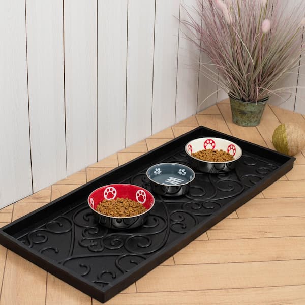 Anji Mountain 34.5 in. x 14 in. x 1.5 in. Natural & Recycled Rubber Boot Tray with Cross Embossed Coir Insert, Black/ Tan