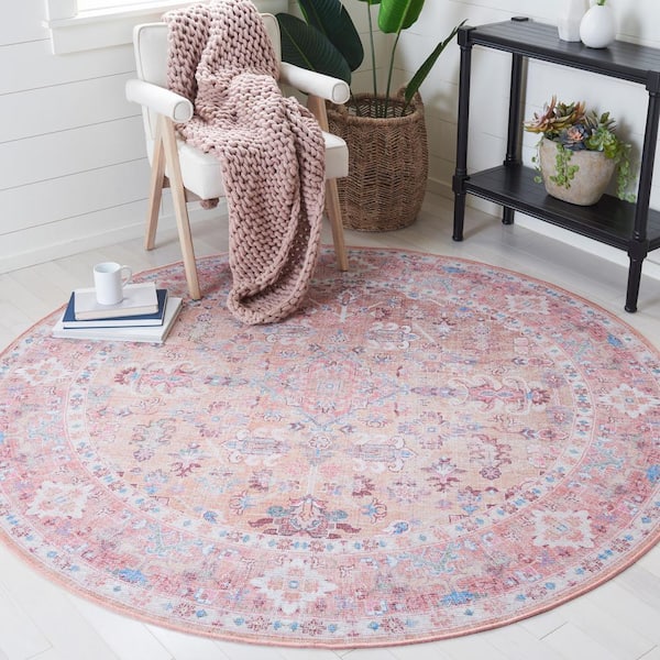 Serapi Beige/Pink 7 ft. x 7 ft. Machine Washable Floral Round Area Rug