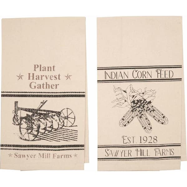 Sawyer Mill Beige Charcoal Plow and Corn Cotton Muslin Unbleached Kitchen Tea Towel Set (Set of 2)