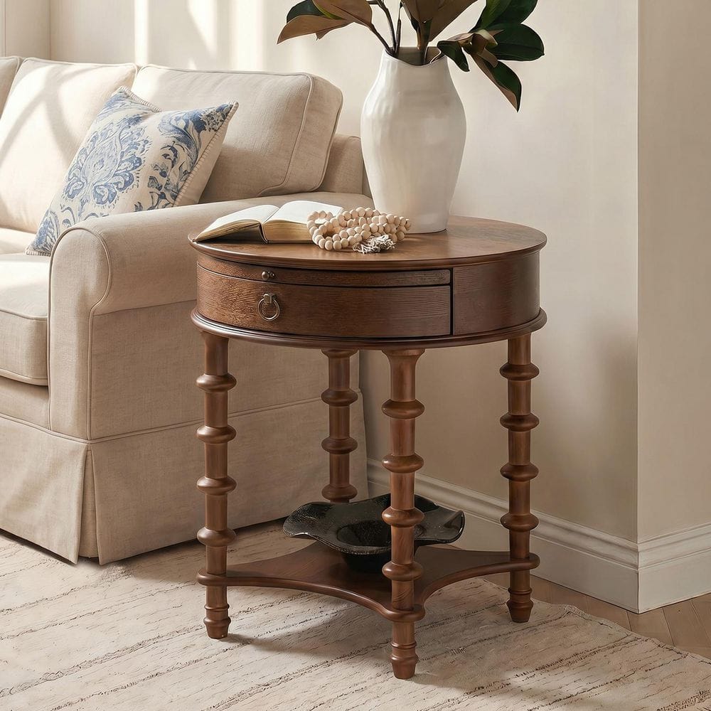 Jean-Luc 21 in. Walnut Round Wood Tall End Table with Storage Drawer