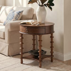 Jean-Luc 21 in. Walnut Round Wood Tall End Table with Storage Drawer