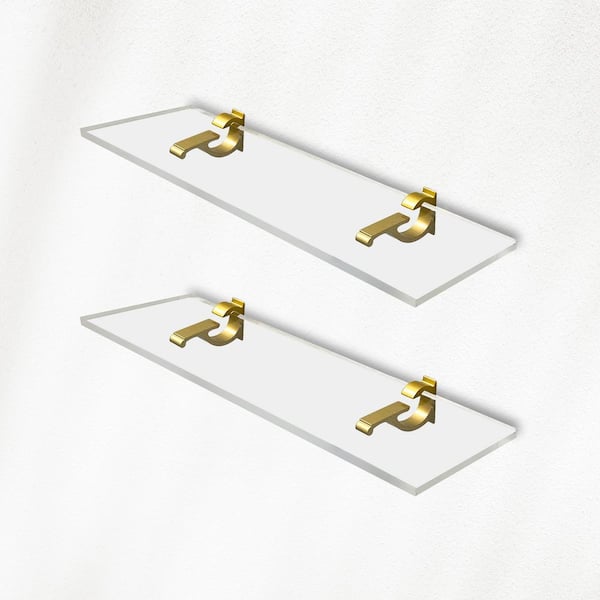 Fab Glass and Mirror 6 in. W x 0.75 in. H x 11.5 in. D Floating Wall Mount Clear Acrylic Rectangular Shelf in Brass Brackets Pack of 2