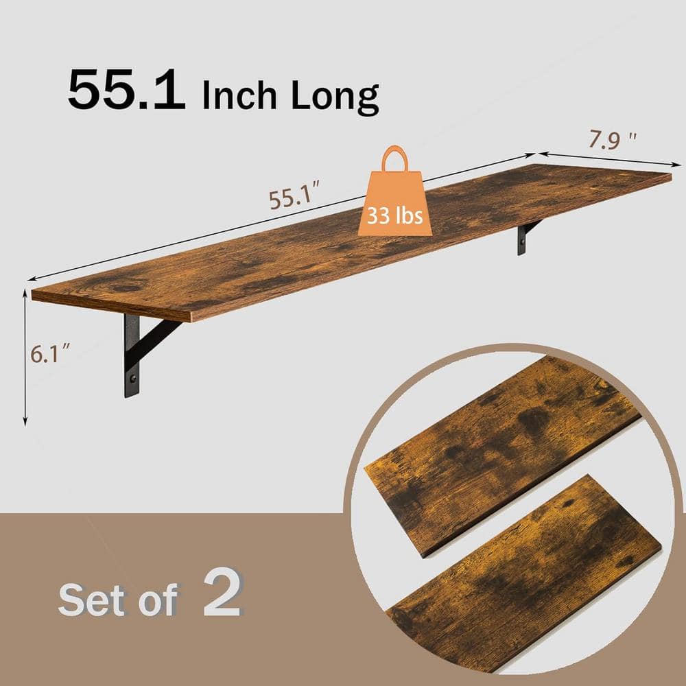 Rustic Brown 55" Wood Floating Shelves with Metal Brackets