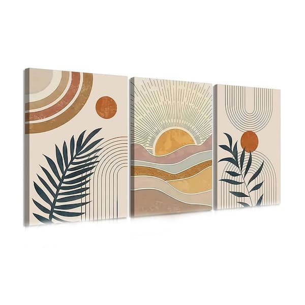 3Pcs Framed Boho Abstract Wall Art Orange Rainbow Sun Desert Minimalist Picture 16L x 12W