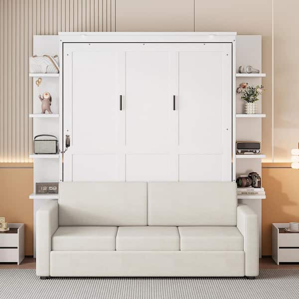 White Wood Frame Queen Murphy Bed Wall Bed with Sofa and Storage Shelves