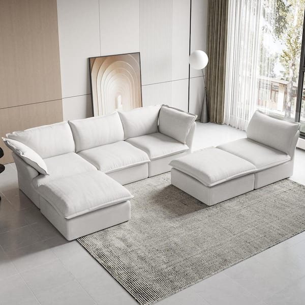 J&E Home 122.5 in. W Flared Arm Linen 5-Piece 5-Seater Velvet Modular Free Combination Sofa with Storage Ottoman in White