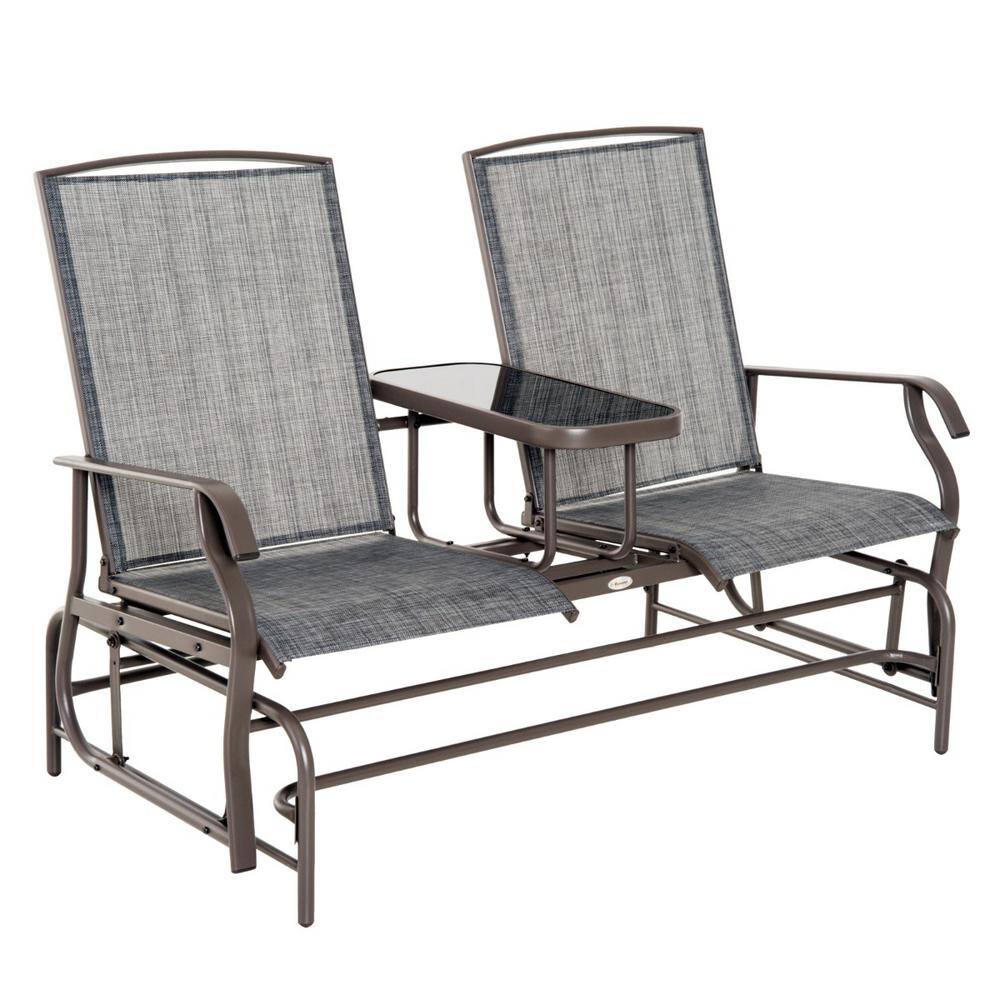 FORCLOVER 2Person Brown Metal Outdoor Glider Loveseat Bench with Center Table Gray Mesh