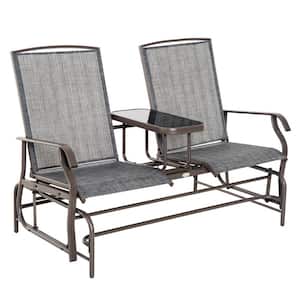 2-Person Brown Metal Outdoor Glider Loveseat Bench with Center Table Gray Mesh Backrest