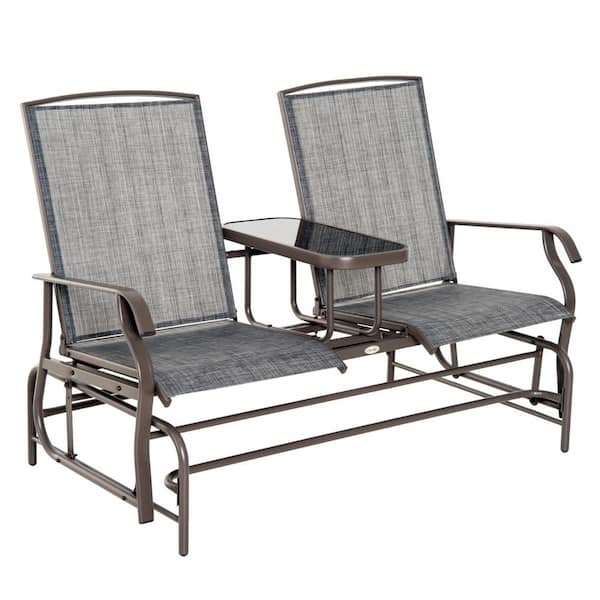FORCLOVER 2-Person Brown Metal Outdoor Glider Loveseat Bench with Center Table Gray Mesh Backrest