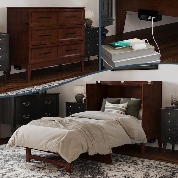 AFI Santa Fe Walnut Brown Solid Wood Frame Twin Murphy Bed Chest with Mattress and Built-in Charger