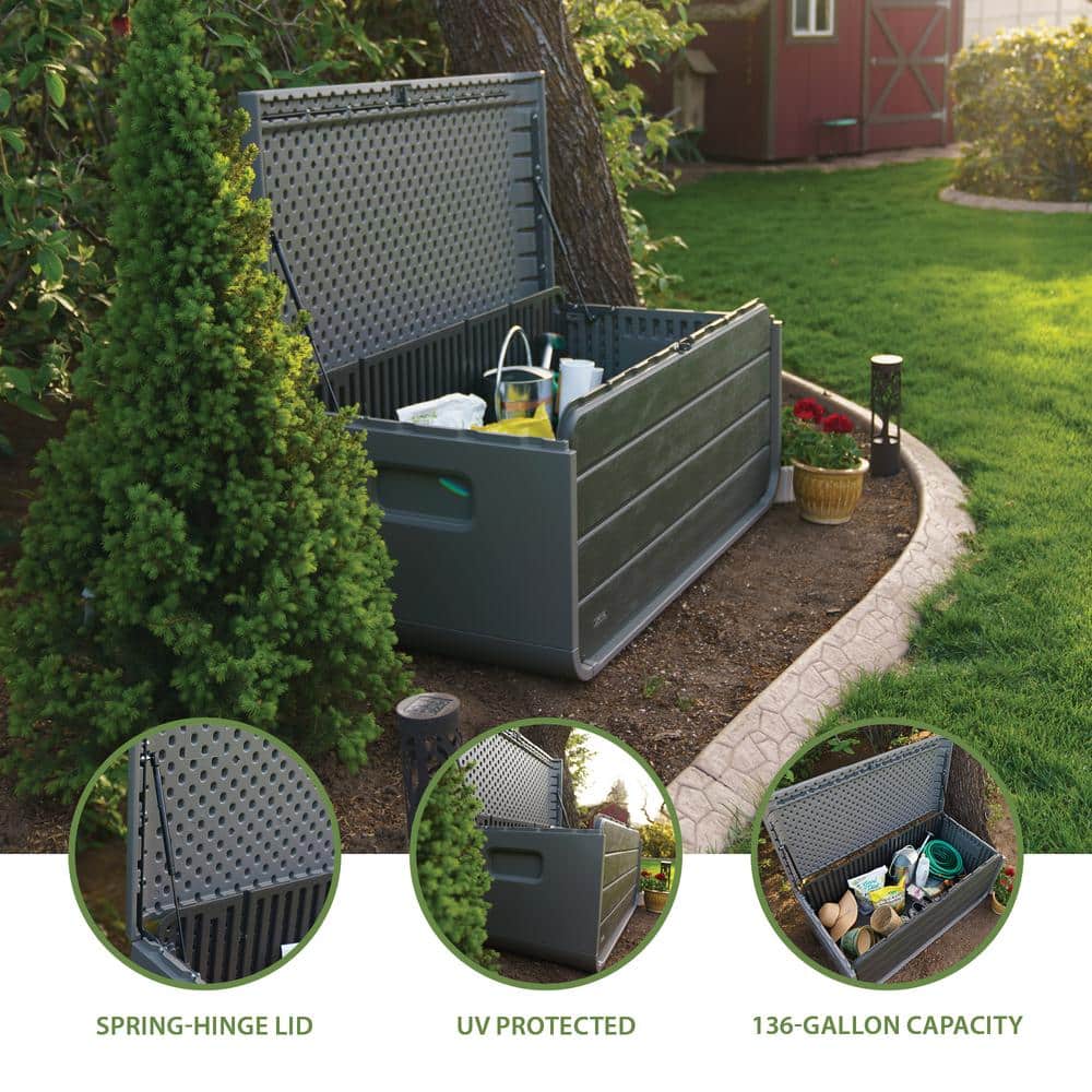 Gray Lockable Plastic Outdoor Storage Deck Box, 136 Gallon