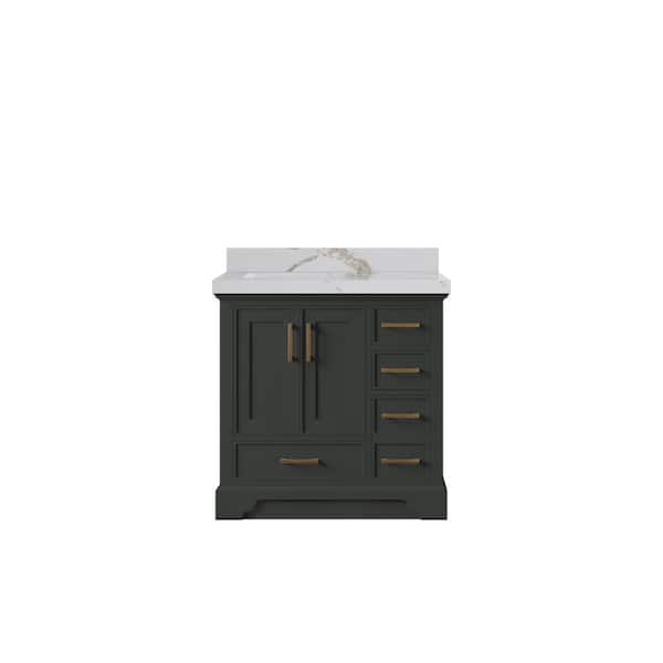 Willow Collections Charlotte 36 in. Left Offset Sink Freestanding Black Top Bath Vanity with Calacatta Gold Qt. Top Unassembled