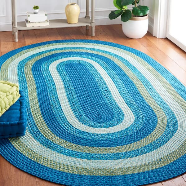 Braided Aqua/Green 6 ft. x 9 ft. Machine Washable Modern Striped Oval Area Rug