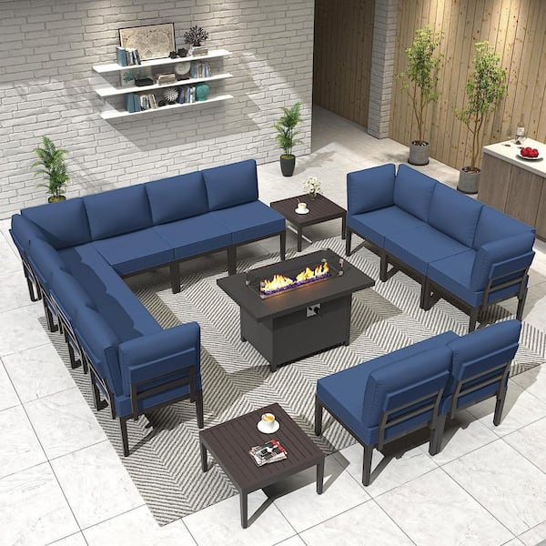 15-Piece Metal Patio Conversation Set with 55000 BTU Gas Fire Pit Table and Glass Coffee Table and Navy Cushions