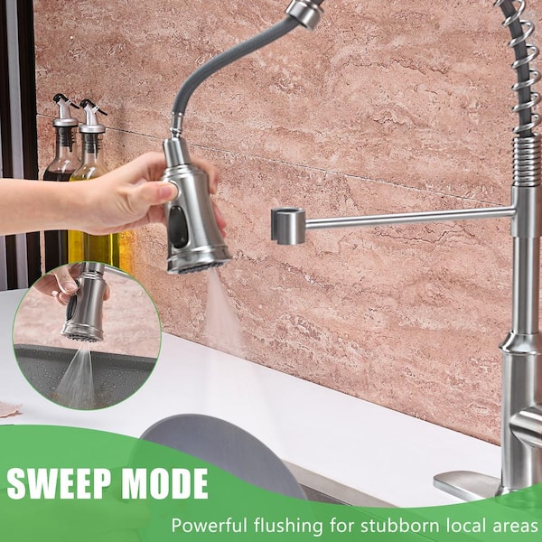 Spring Single-Handle Pull-Down Sprayer Kitchen Faucet with 3 Spray Mode in Stainless Steel Brushed Nickel