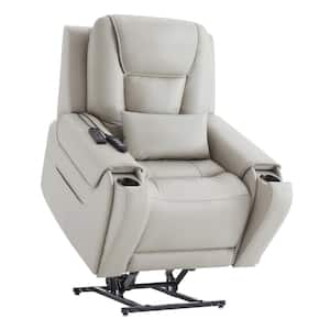 Leopoldine Gray Genuine Leather Power Lift Recliner with Adjustable Headrest, Massage, Heating, Storage Pocket