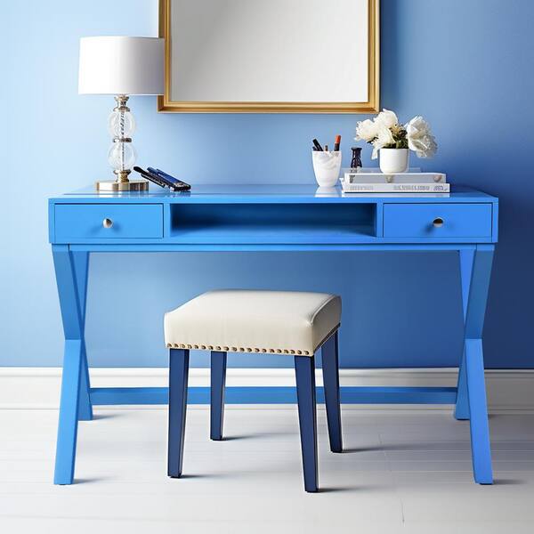Homy Casa Parca 44.1 in. Rectangular Blue Wood 2-Drawer Writing Desk with Lifting Desktop
