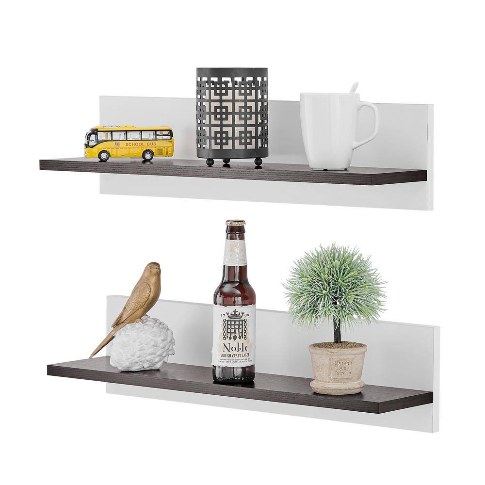 White and Dark Walnut Floating Wall Shelves Set of 2
