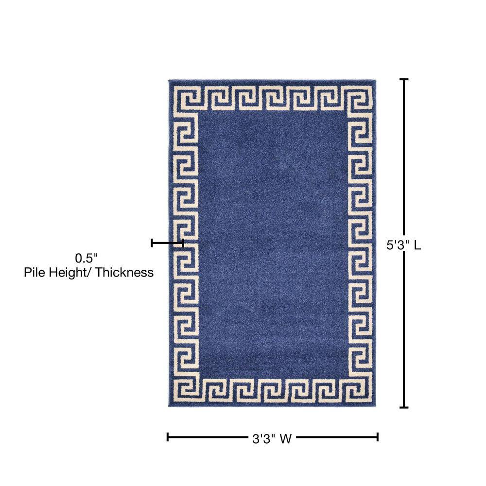 Navy Blue Geometric Border Rectangular Synthetic Rug