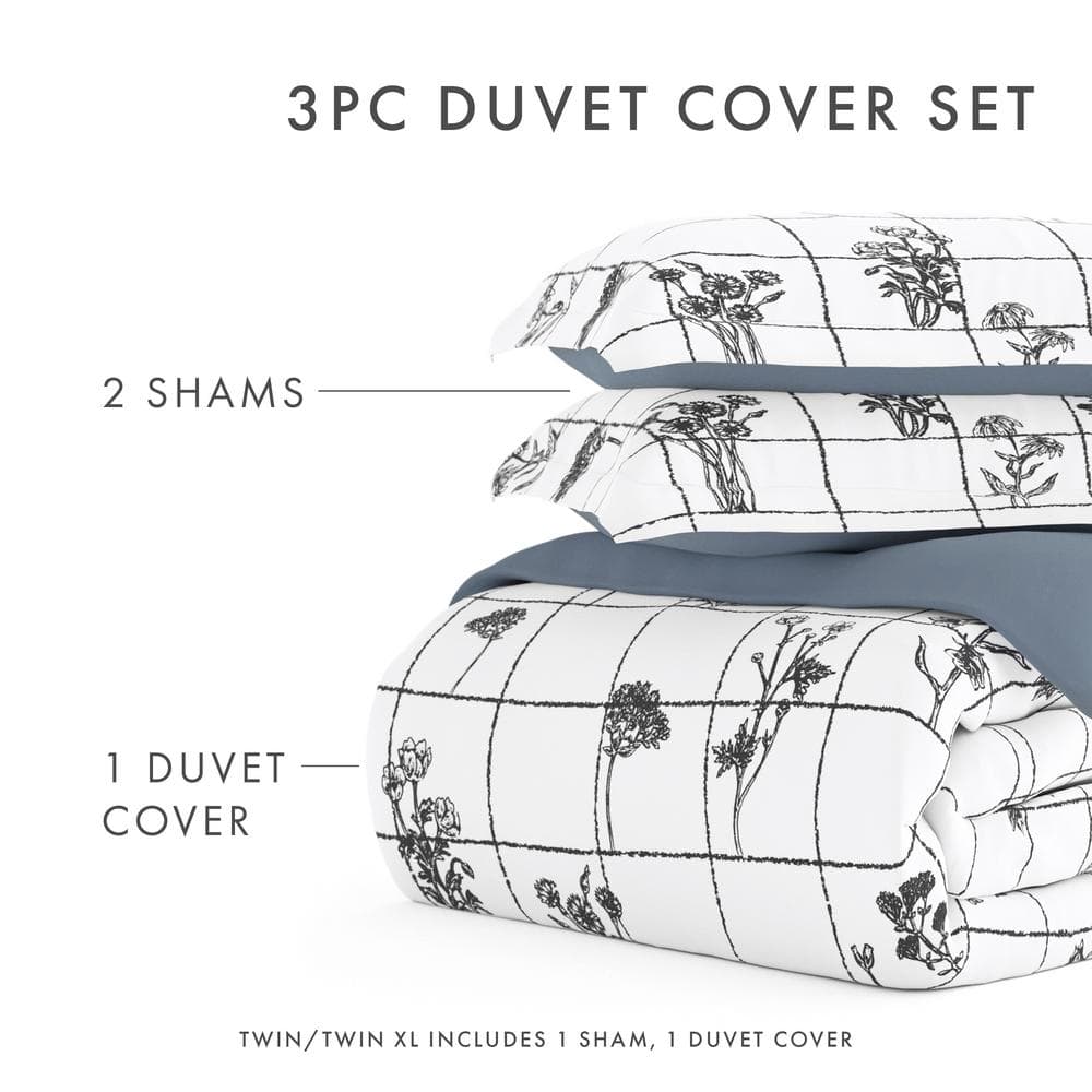 Gray and White Flower Field Pattern King/Cal King Microfiber Duvet Cover Set